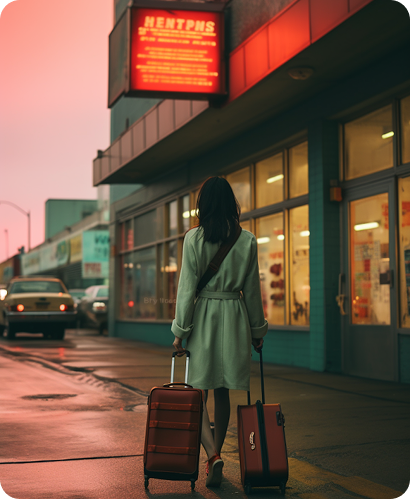 Traveler with luggage standing outside a storefront in warm evening light